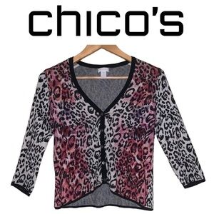 CHICO’S size 0 Leopard Print 3/4 Sleeve Cardigan Sweater Animal Pink Women’s S 4